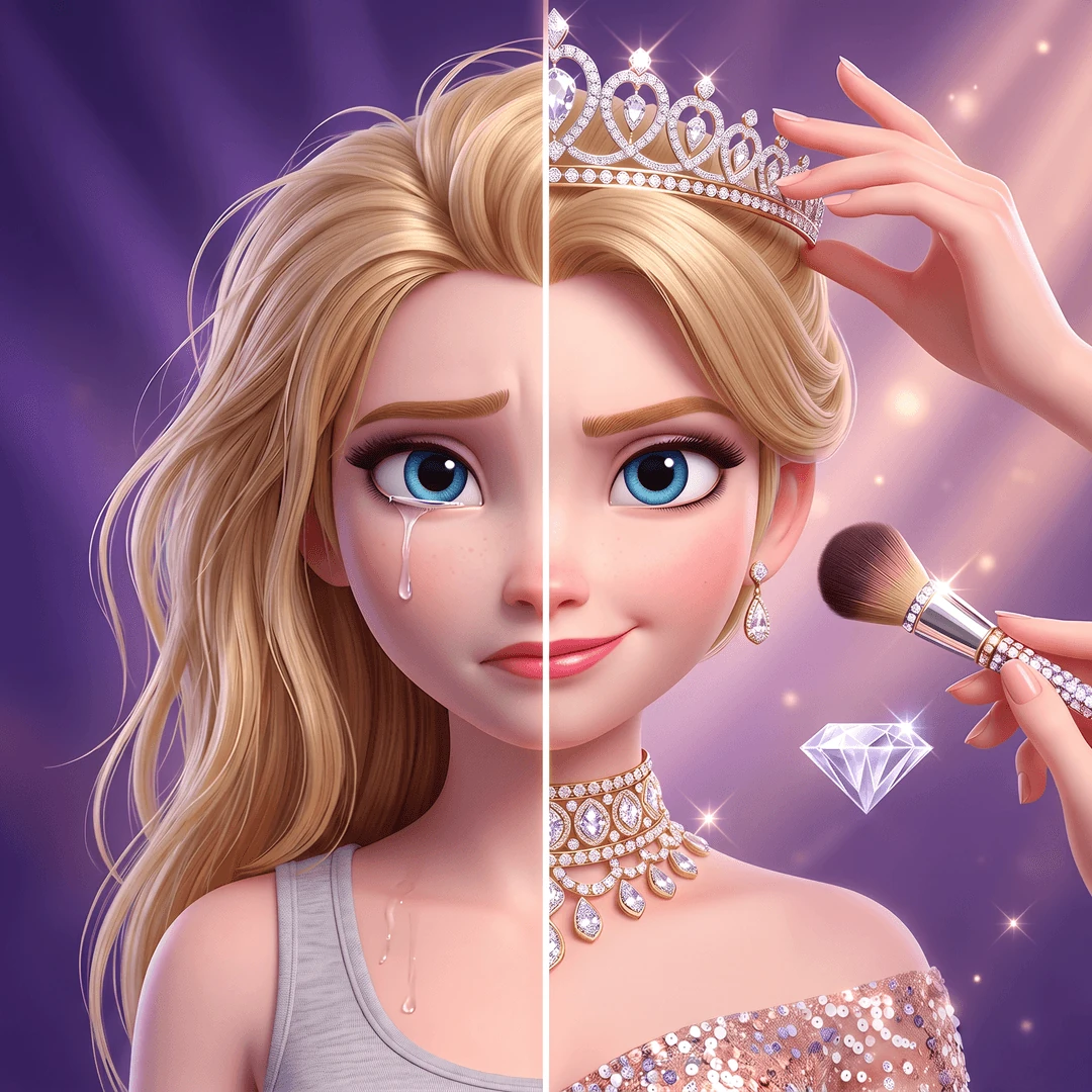 Heiress Glow heroine, before and after a glamorous makeover