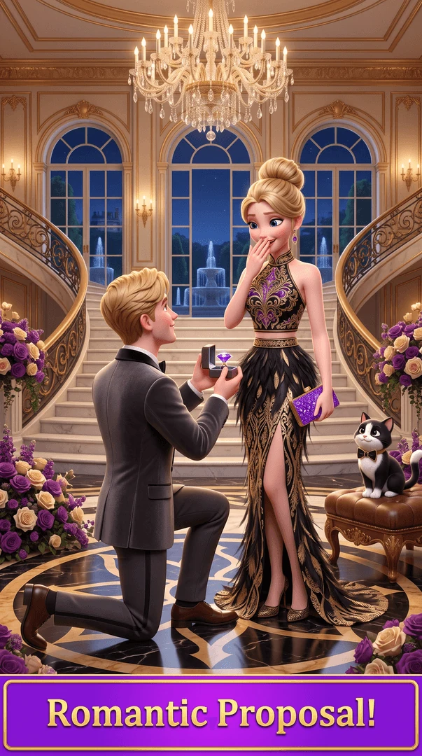 Development preview: a romantic proposal outside a mansion